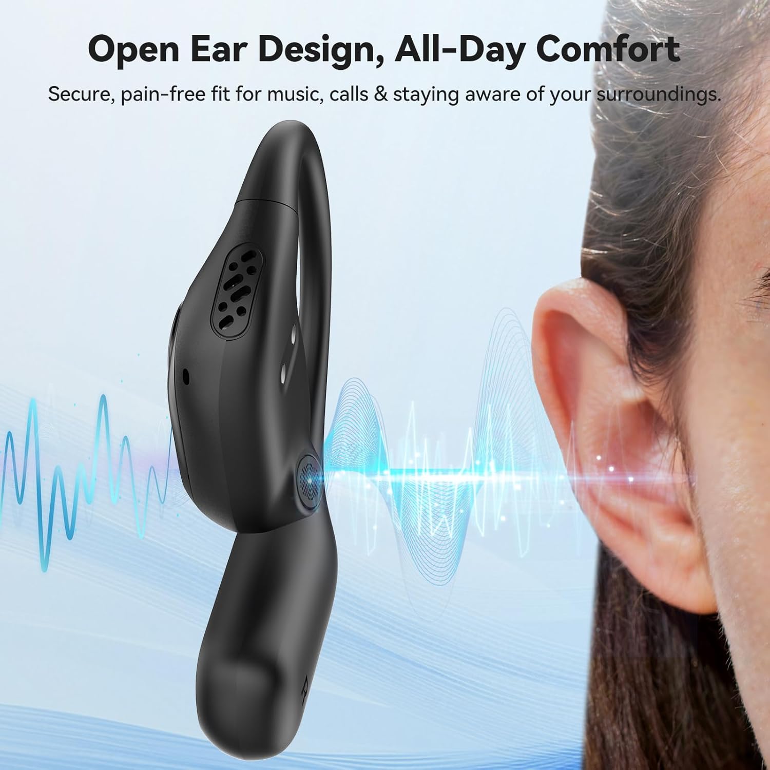 TECKNET Open Ear Headphones, Over the Ear Earbuds with Bluetooth 6.0, Smart Digital Display, 40H Playtime, IPX5 Waterproof, USB-C Fast Charging, Touch Control for Travel, Cycling, Running, Black
