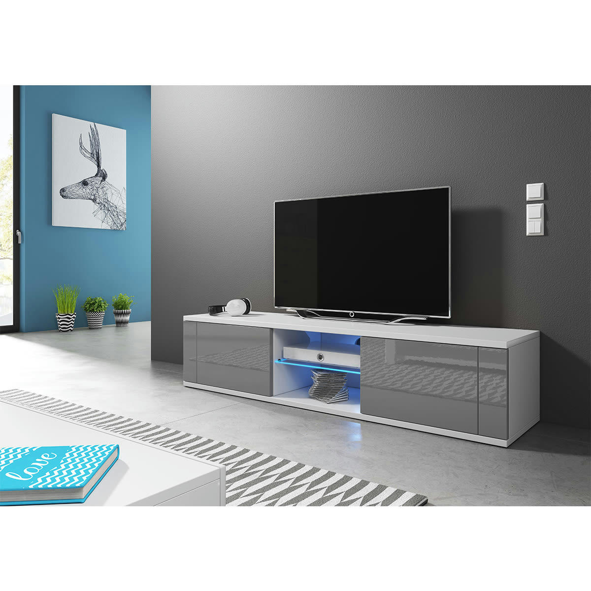 - Meuble tv 2 portes 140 cm avec led blanc et gris