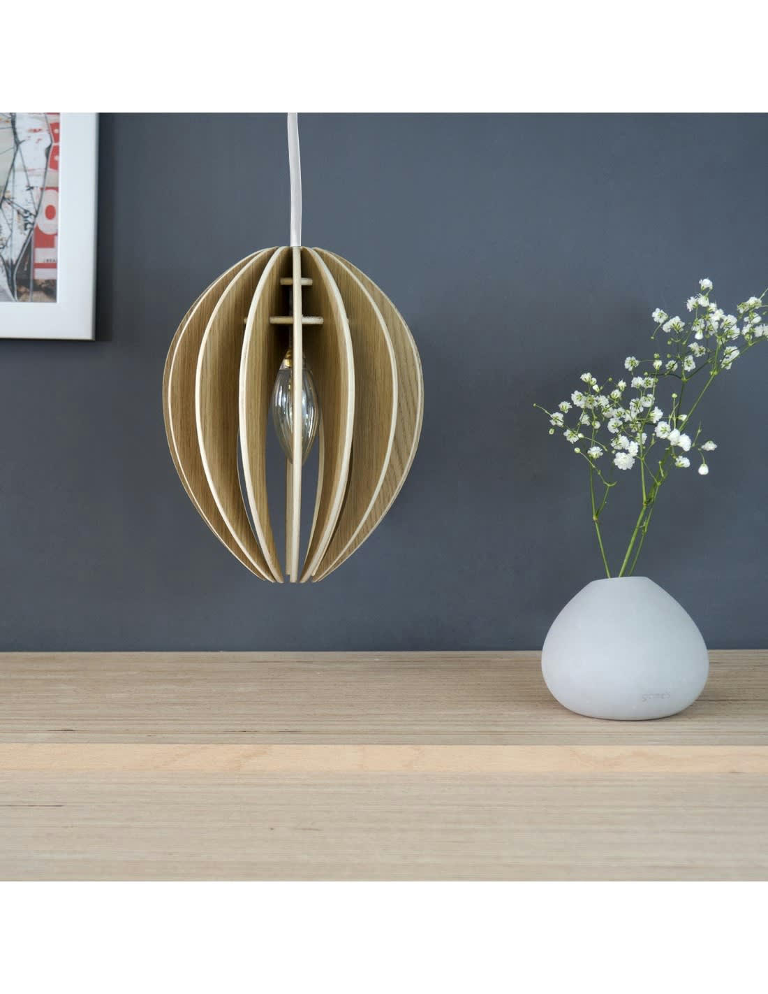 FÈVE - Lampe suspension bois et béton chêne naturel cordon blanc
