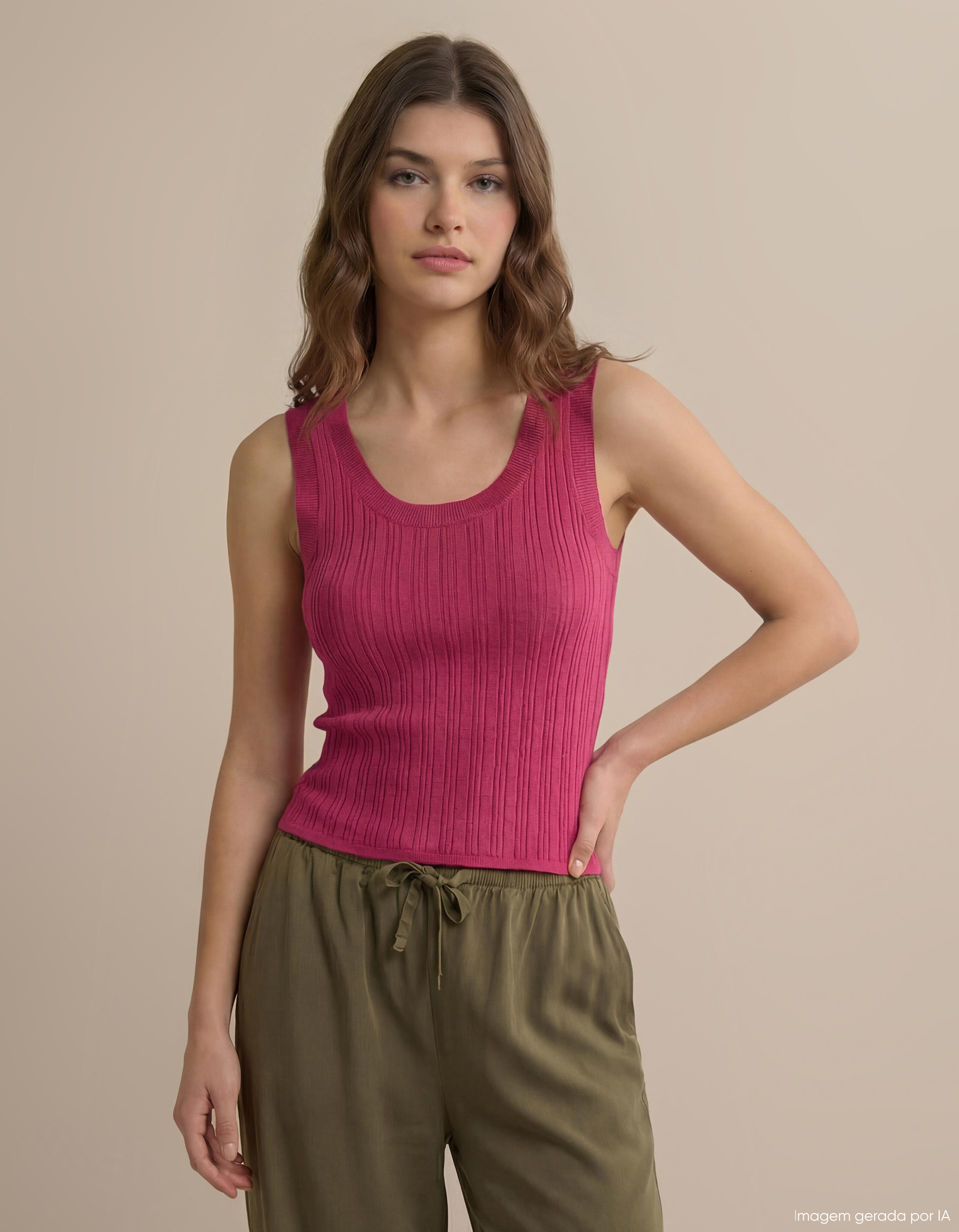 Top de Malha Canelada, Mulher, Rosa Escuro