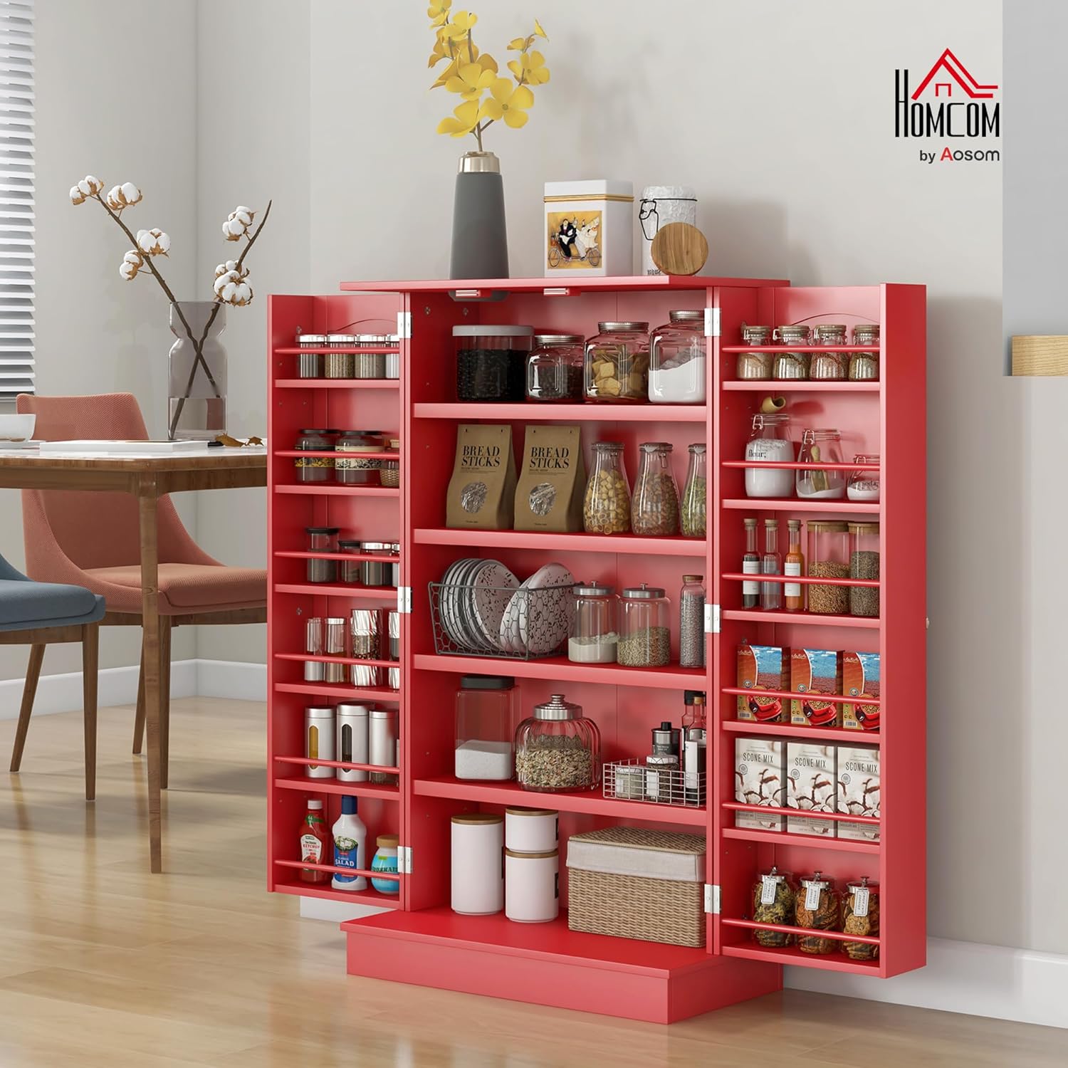 HOMCOM 41 Kitchen Pantry Storage Cabinet, Freestanding Kitchen Cabinet with 12 Door Shelves, Double Doors, 5-Tier Shelving and Adjustable Shelves, Red