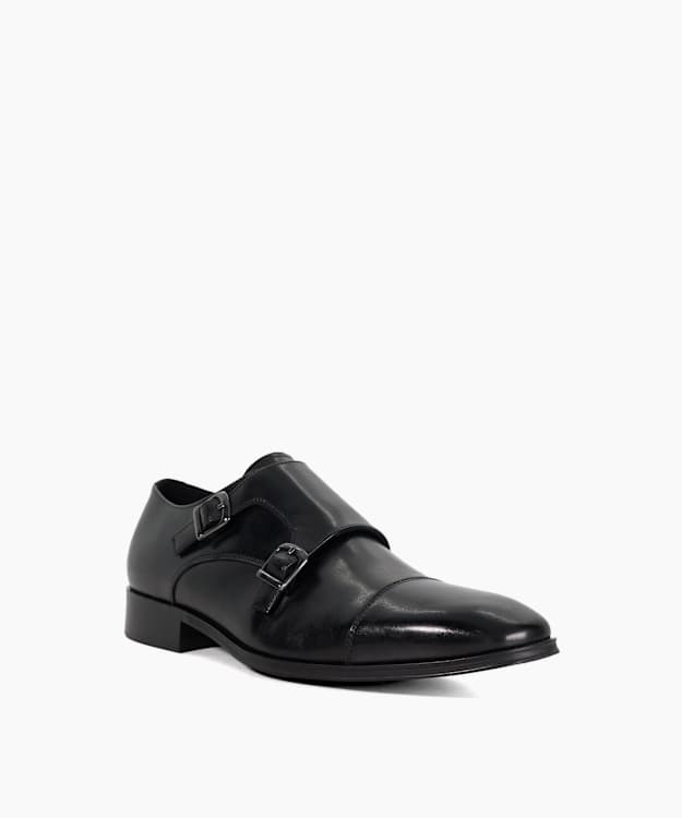 Solutions Black - Double Strap Wide Fit Toe Cap Monk Shoes