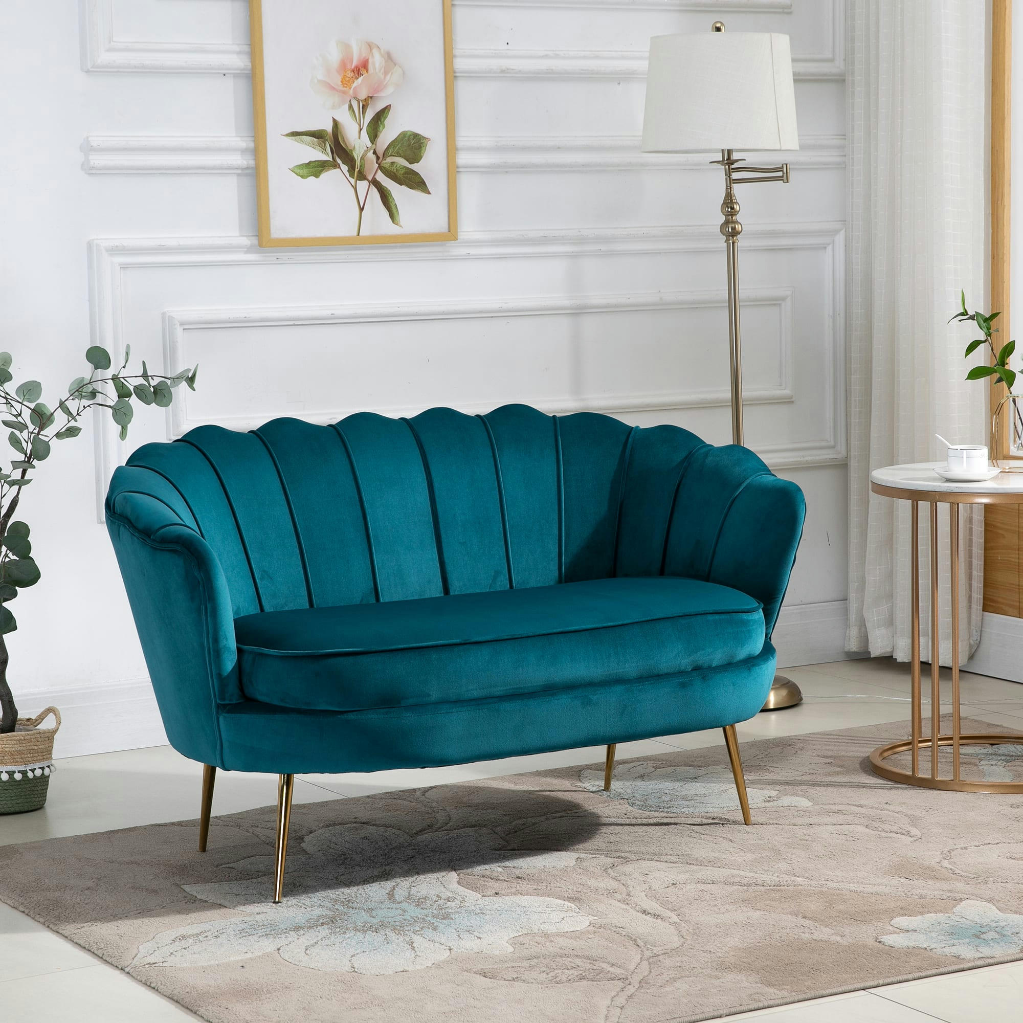 - Canapé 2 places design coquillage pieds dorés velours bleu canard