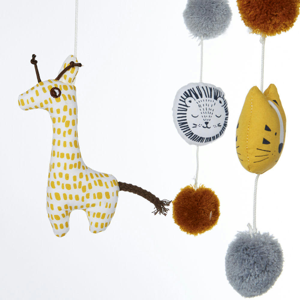 MINI JUNGLE - Mobile musical bébé en coton gris, jaune moutarde, blanc et noir
