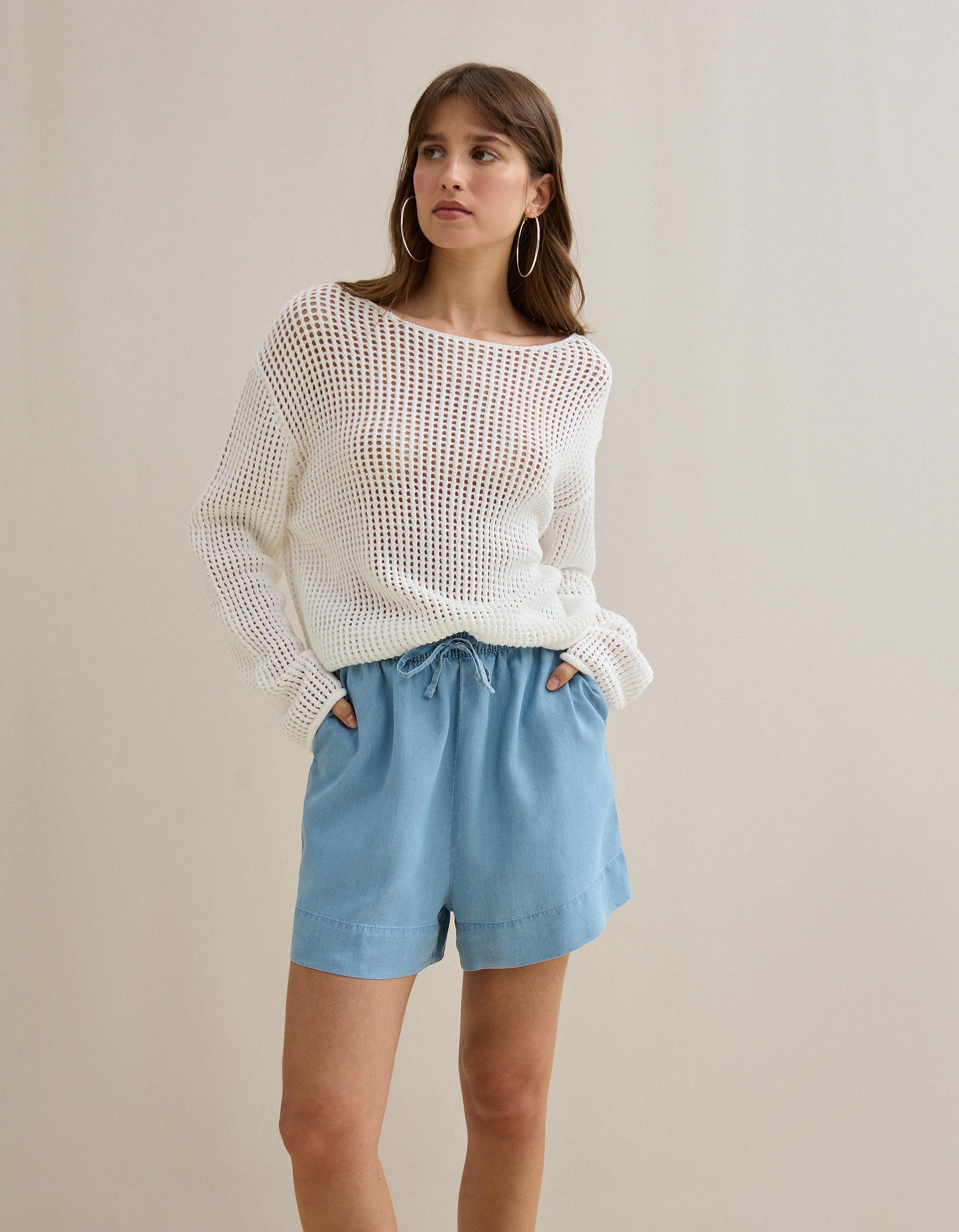 Camisola de Malha Crochet, Mulher, Branco