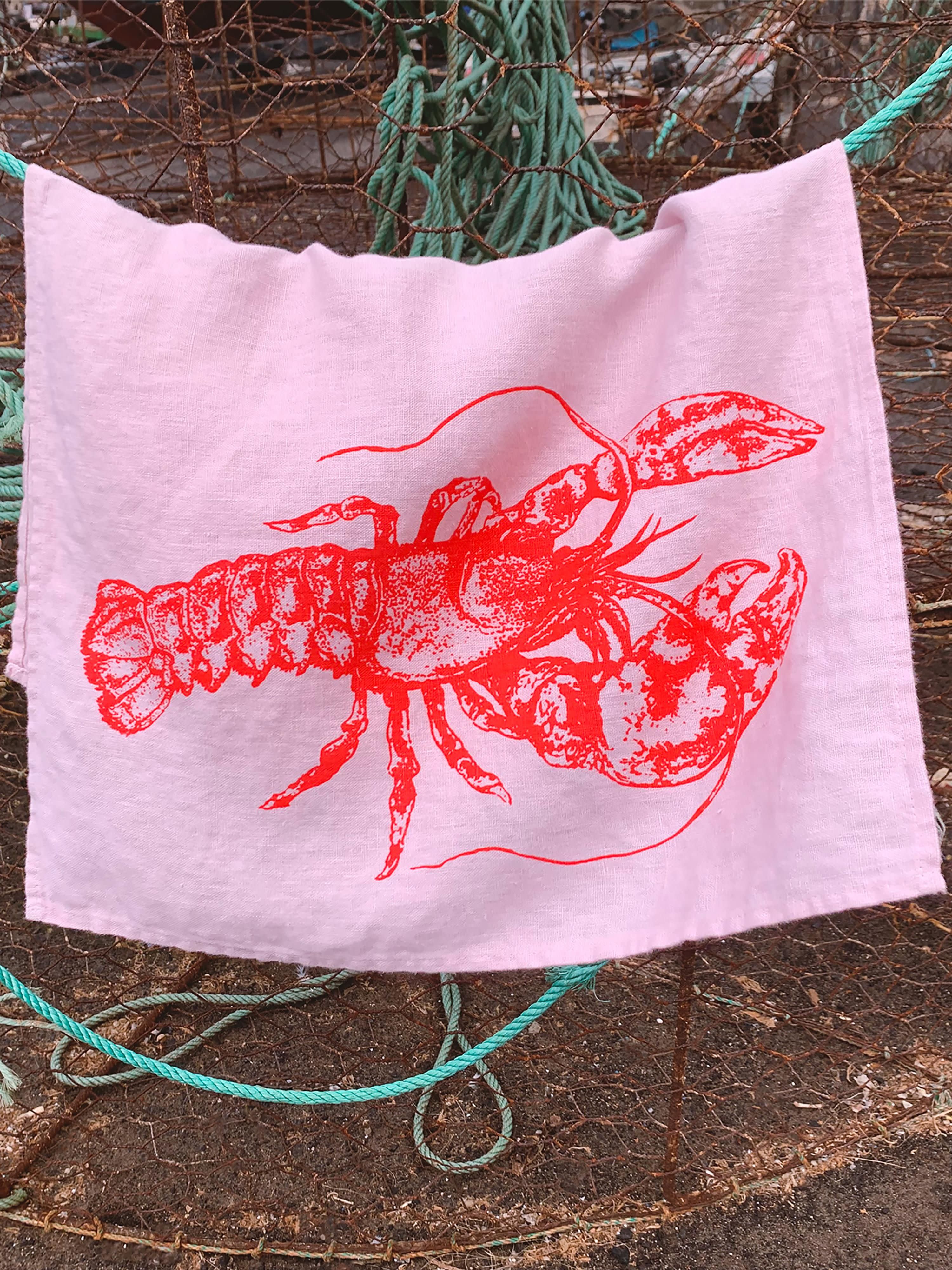 Leinen-Geschirrtuch Lobster, handbedruckt