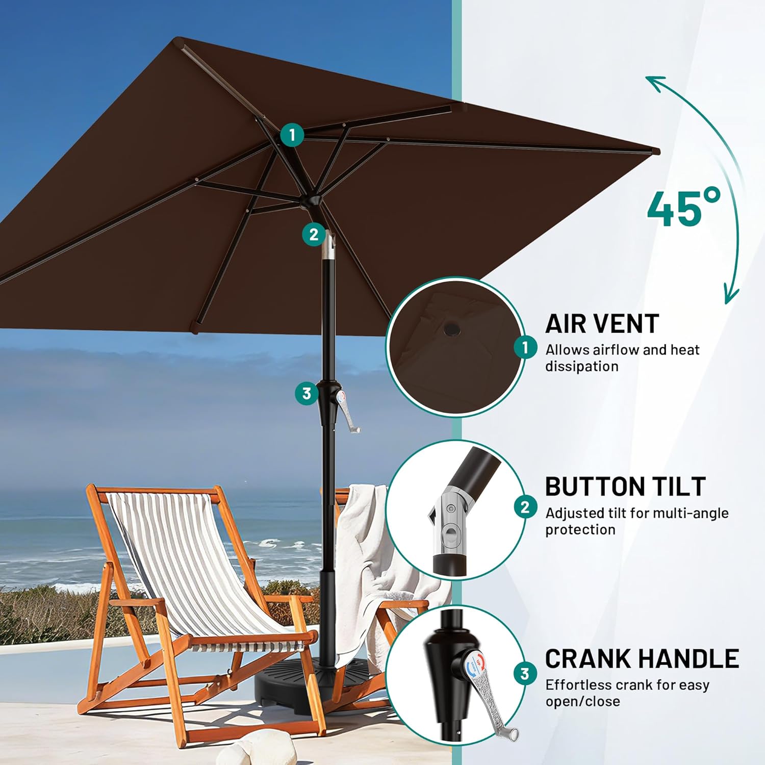 AreShark 6.5' x 10' Rectangular Patio Umbrellas for Outdoor, Outdoor Table Umbrella, Large Outdoor Patio Umbrellas with 6 Sturdy Ribs for Pool, Garden, Deck & Market (Brown)