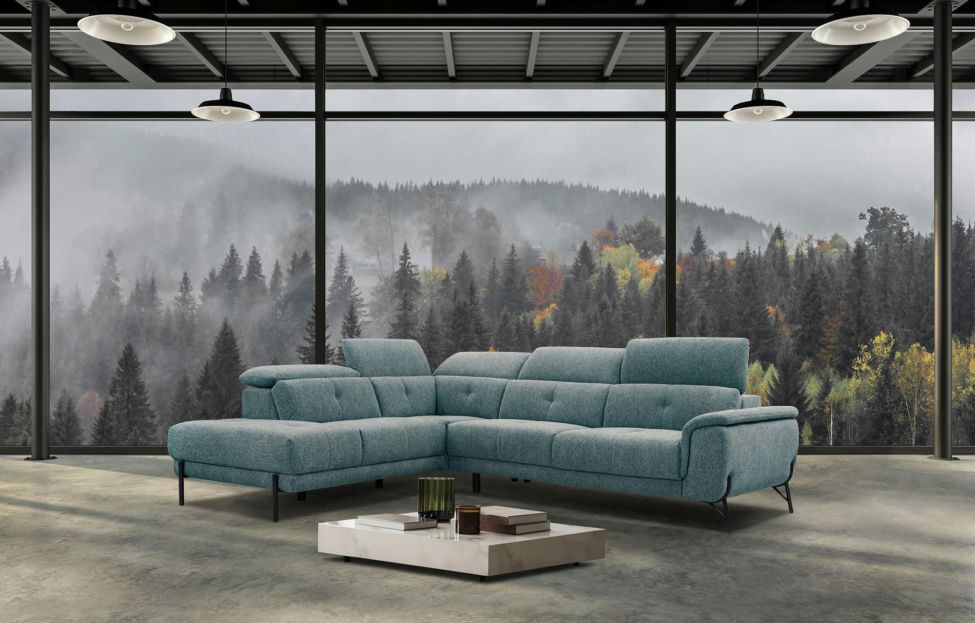 AVENA - Canapé d'angle gauche  5 places en tissu bleu clair