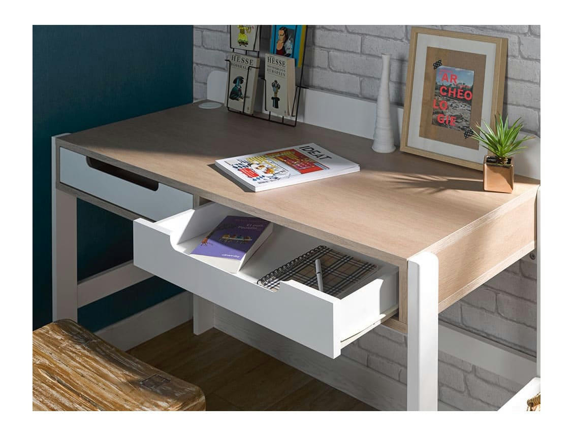 PRADO - Bureau 2 tiroirs Blanc et Chêne
