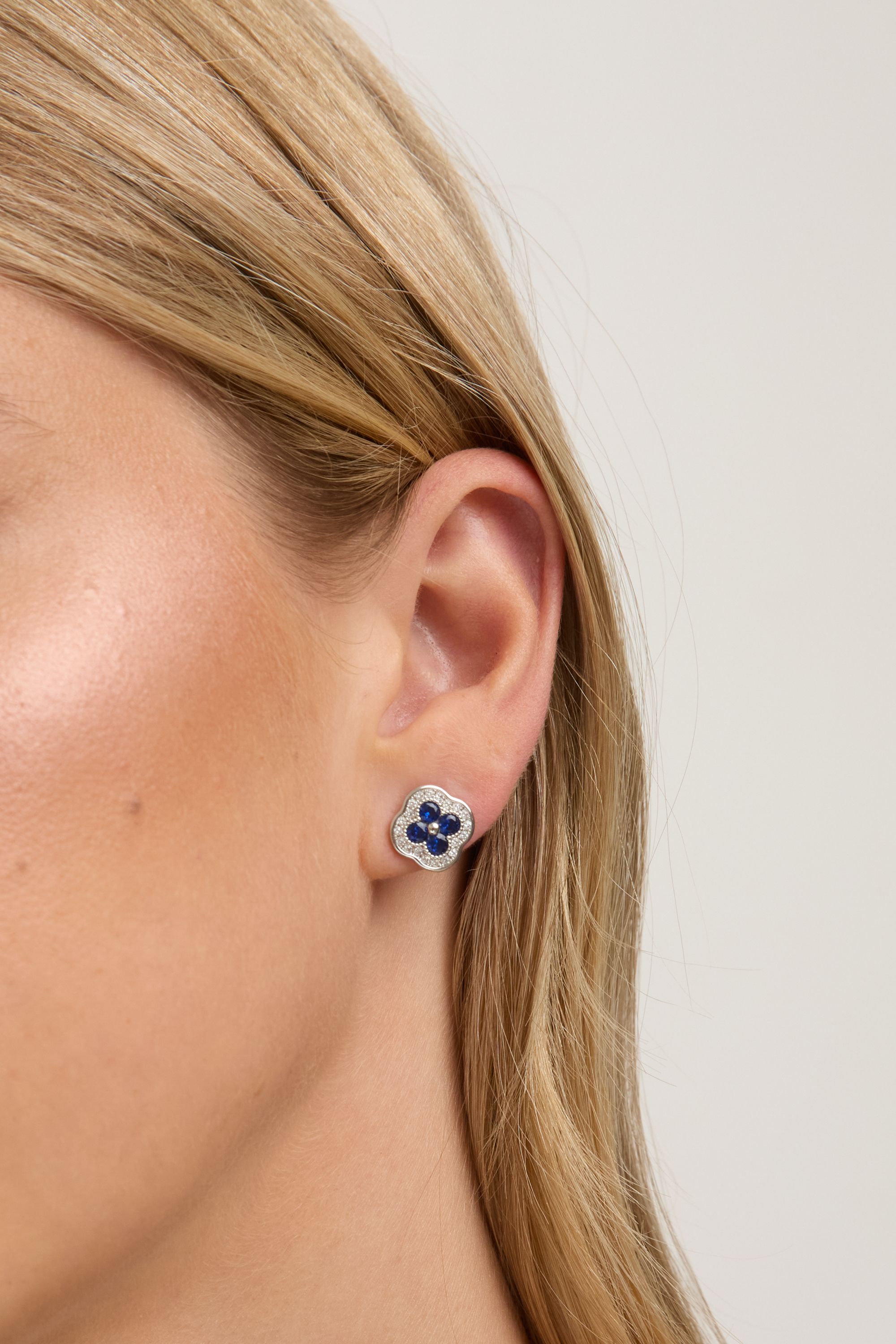 Jon Richard Rhodium Plated Crystal and Sapphire Clover Studs