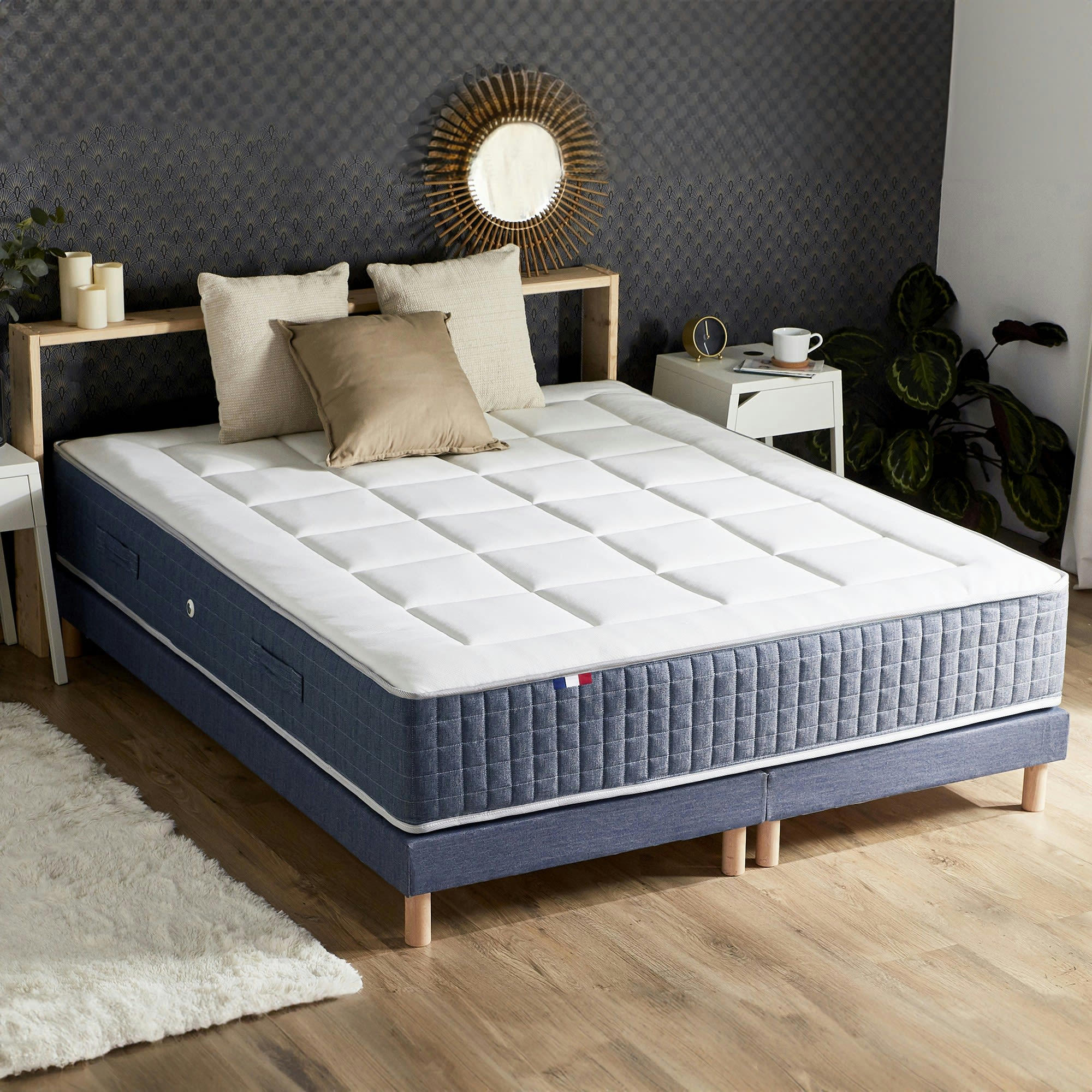 ENSEMBLE KING STYLE - Ensemble matelas 7 zones memoire forme sommier bleu 180x200