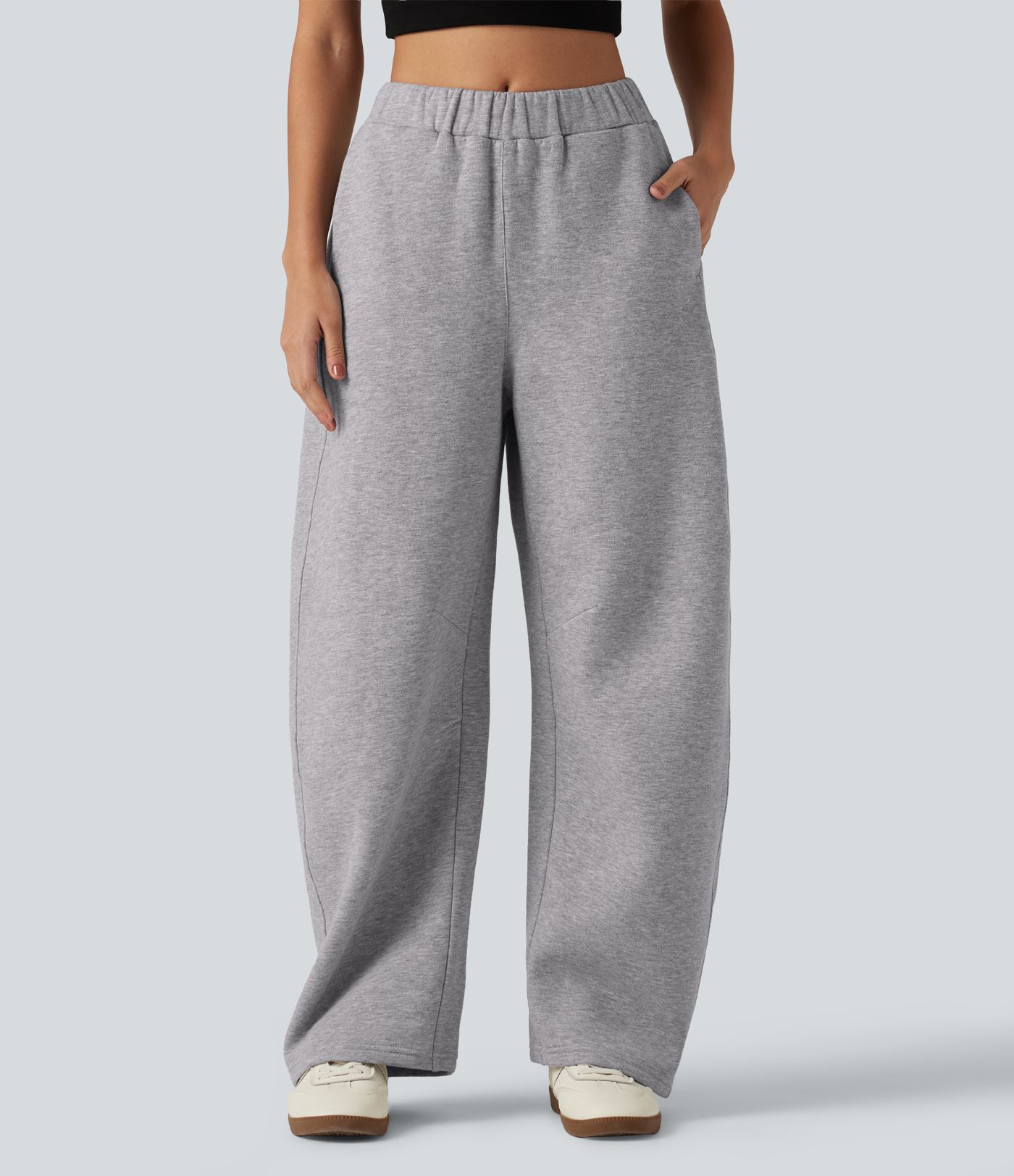 Pantalon de jogging en coton doublé polaire taille mi-haute coupe barrel avec poches