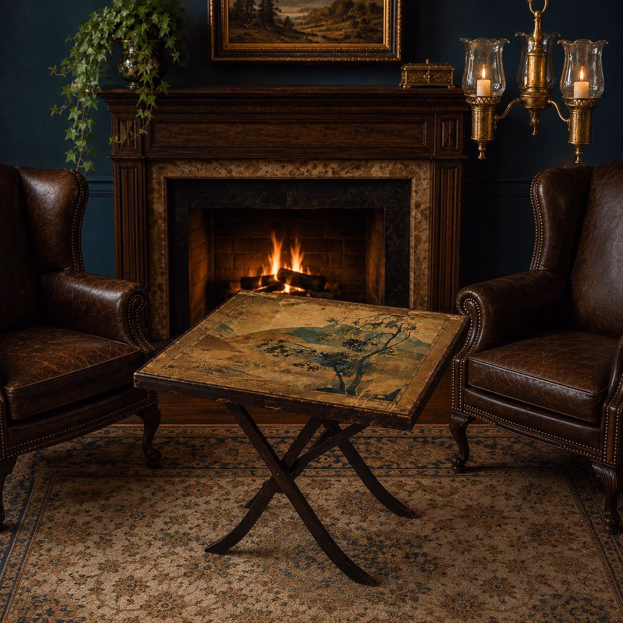 Antique Traditional Den | Chinoiserie Folding Card Table | Fireplace Screen