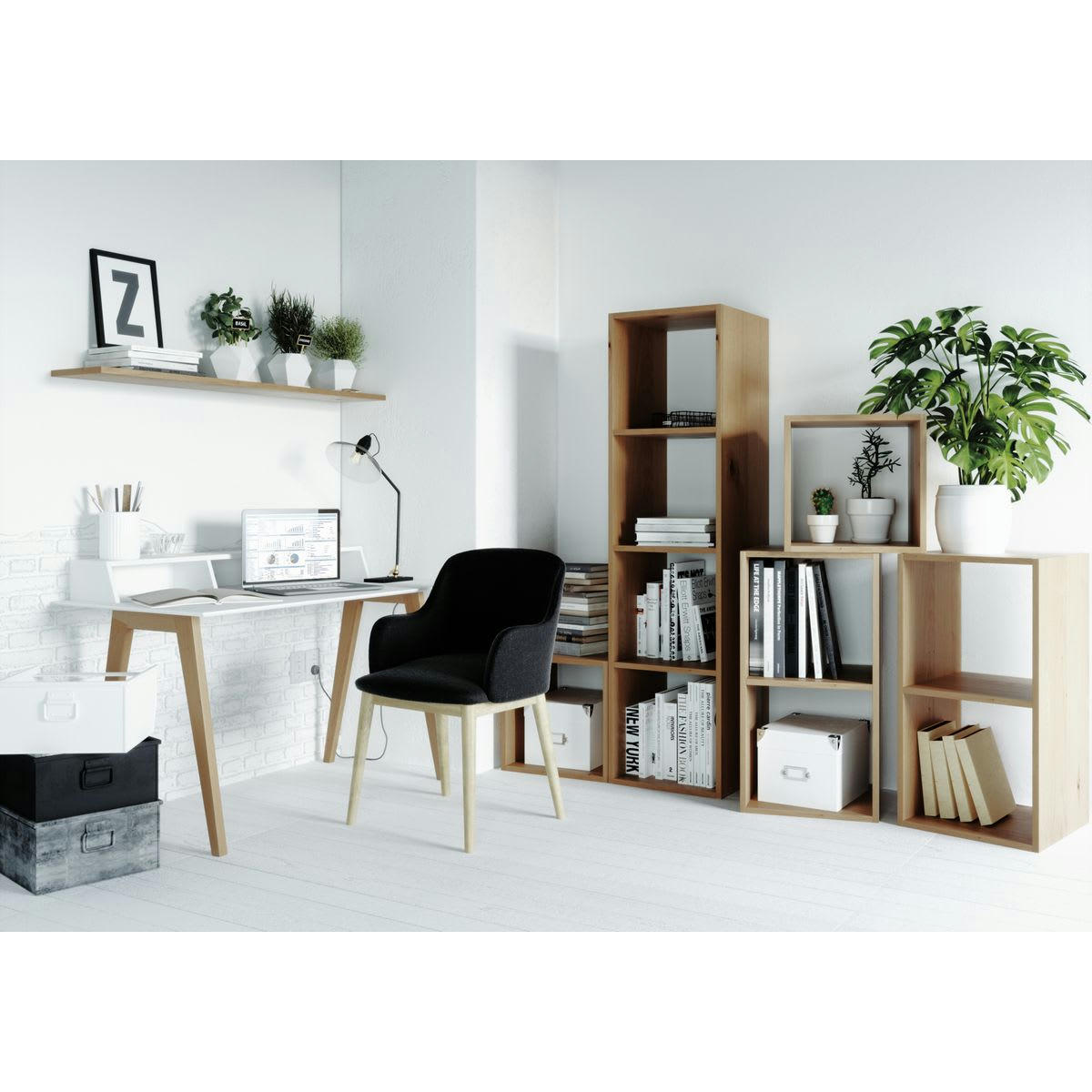 MANIE - Fauteuil en tissu gris foncé piétement placage chêne