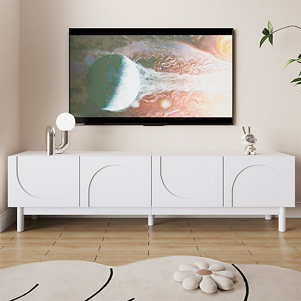Meuble TV Bas avec 2 Portes et étageres de Rangement, Lowboard Stable avec Pieds Bois Massif, Panneaux MDF, Blanc, 169x35x45,5 cm