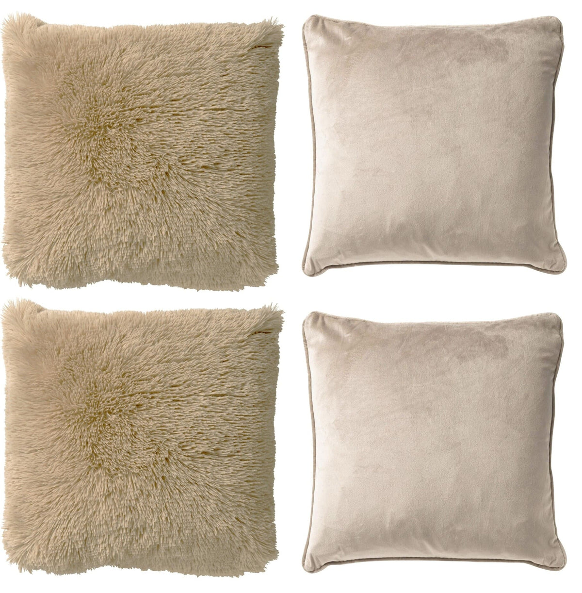 KUSSENSET - 4-delig Fluffy & Velvet - 45x45 cm - inclusief binnenkussens - beige