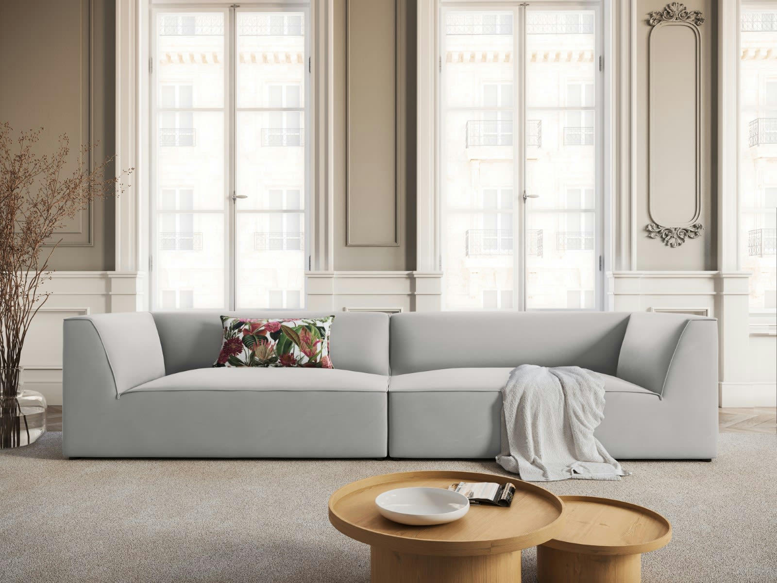 CHARLES - Canapé 4 places en Velours Gris Clair