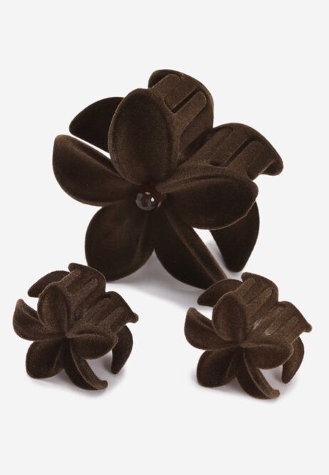 Womens 3pk Chocolate Brown Velvet Flower Hair Clips