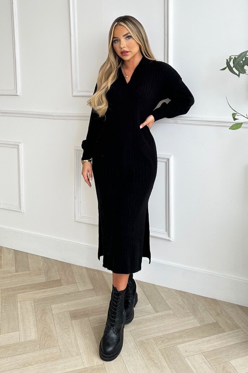 AX Paris Black Knit Long Sleeve Collared Midi Dress