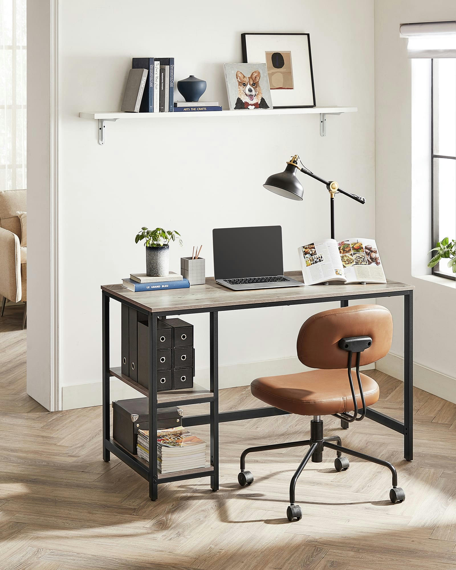 - Bureau 120 cm avec étagère effet bois grège