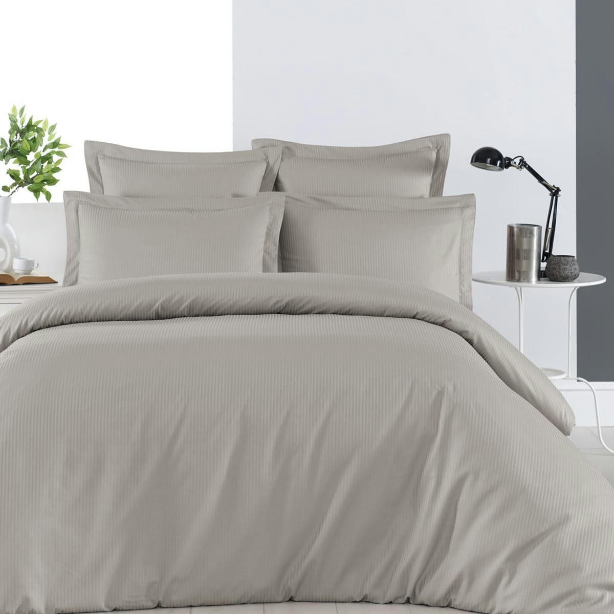 VERSAILLES - 2 taies d'oreiller rayées en satin de coton Taupe 65x65 cm