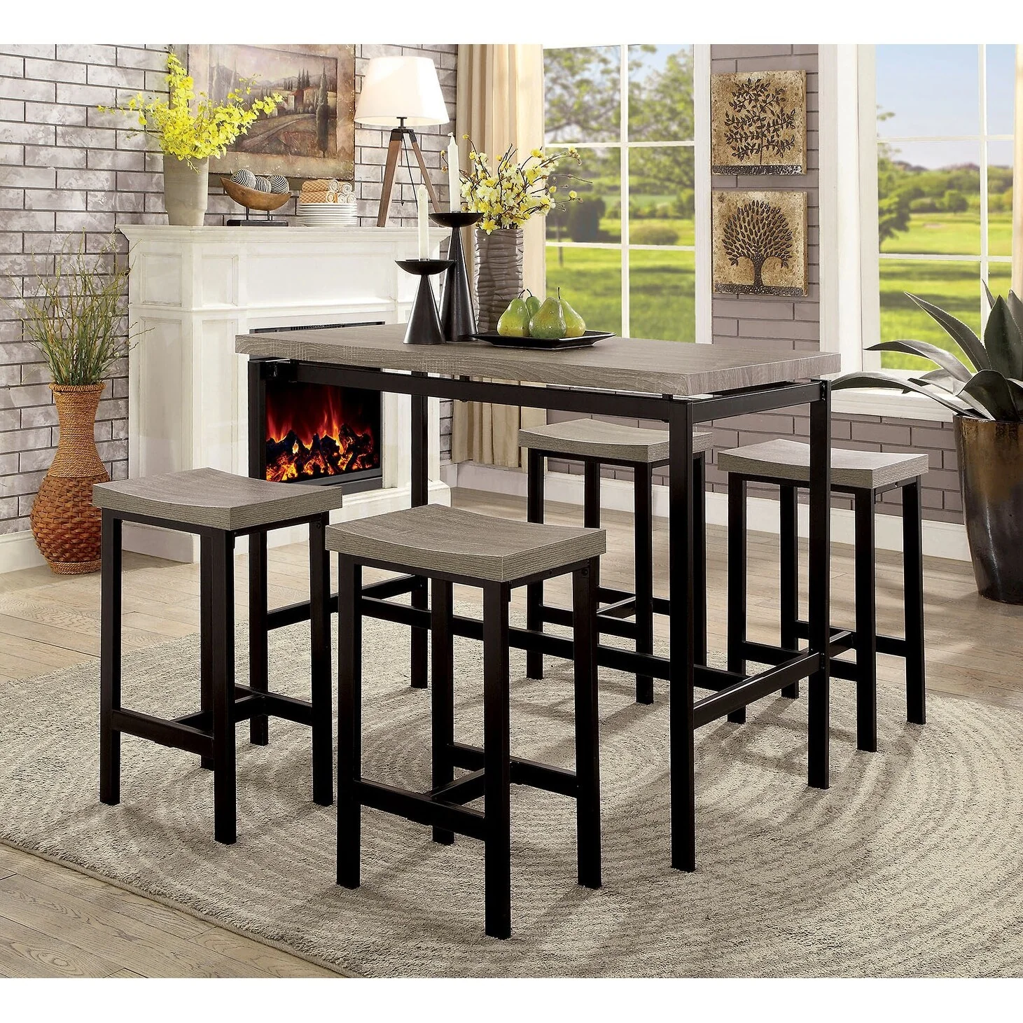 5 Pc Counter Height Table Set Two Tone Design Dining Chairs Sturdy Metal Construction PVC Plastic Top