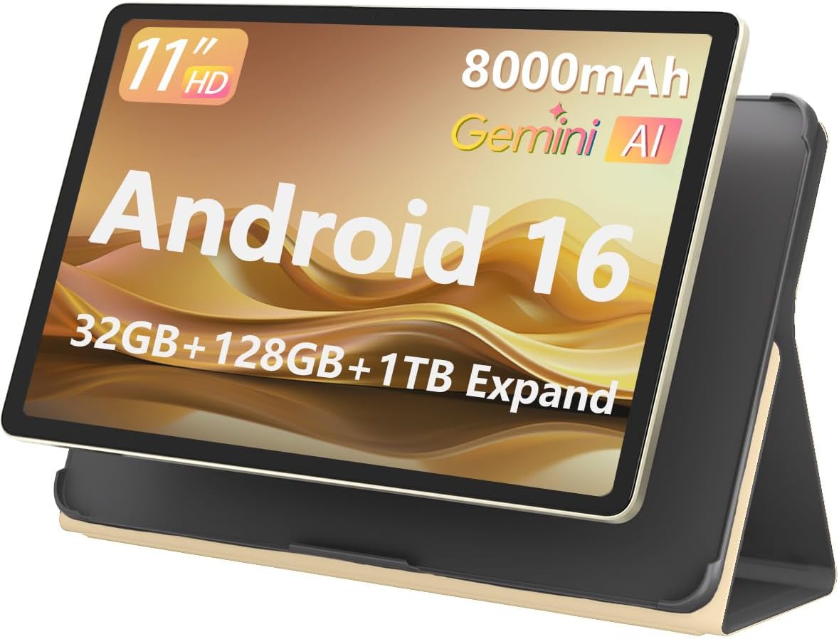 HUIHUANG 11-inch Android 16 Tablet, 32GB RAM + 128GB ROM (1TB Expand), T7280 Octa-Core 2.2GHz Processor, 90Hz FHD+ IPS Display, 8000mAh Battery, Gemini AI, Face ID, Fast Charging, Dual Speakers