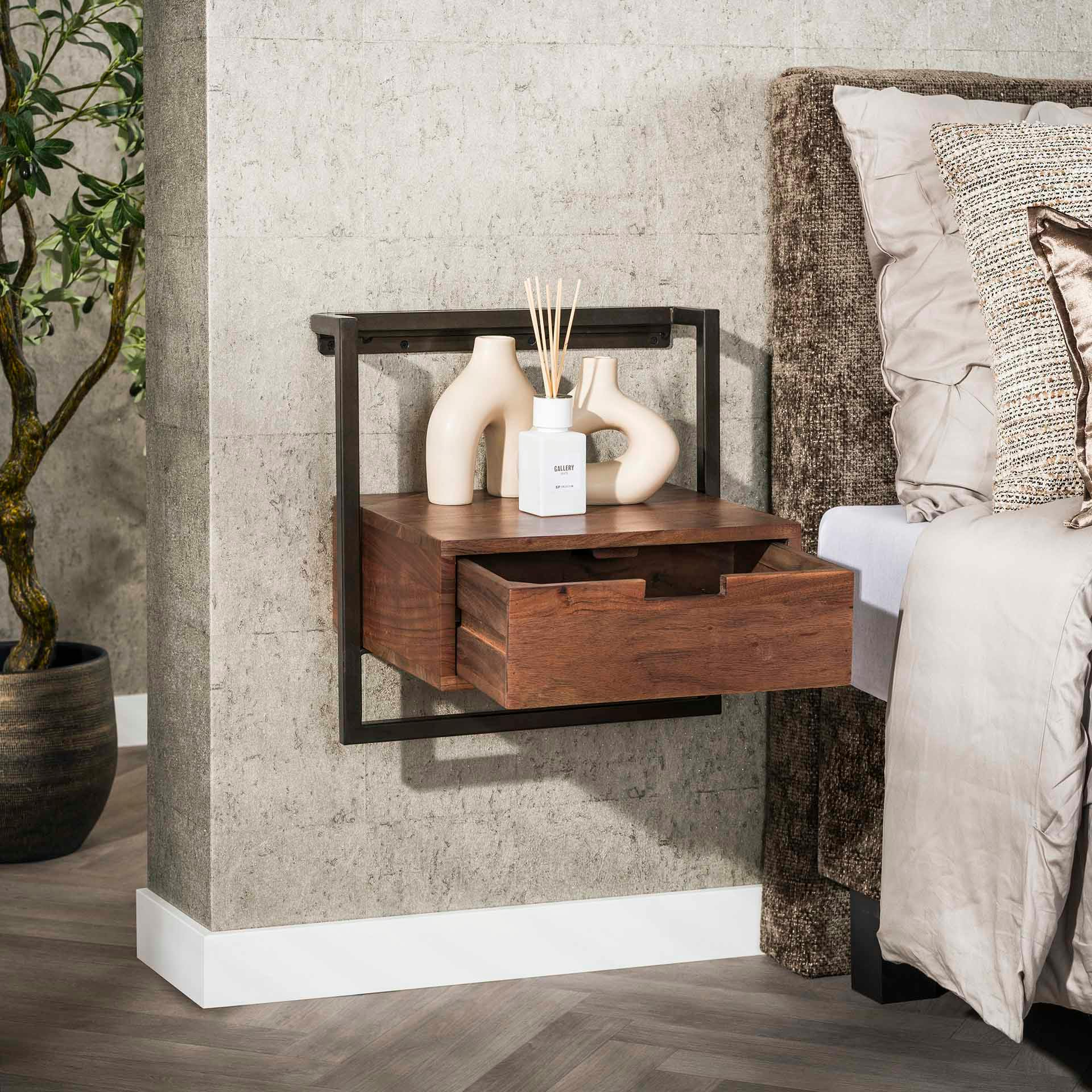 Table de chevet suspendue bois brun 1 tiroir NAKO