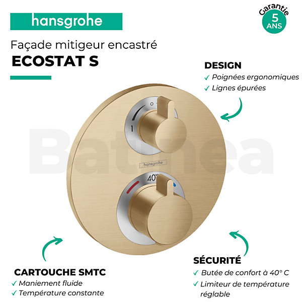 Façade mitigeur thermostatique encastré HANSGROHE Ecostat S avec robinet d'arrêt et inverseur bronze brossé