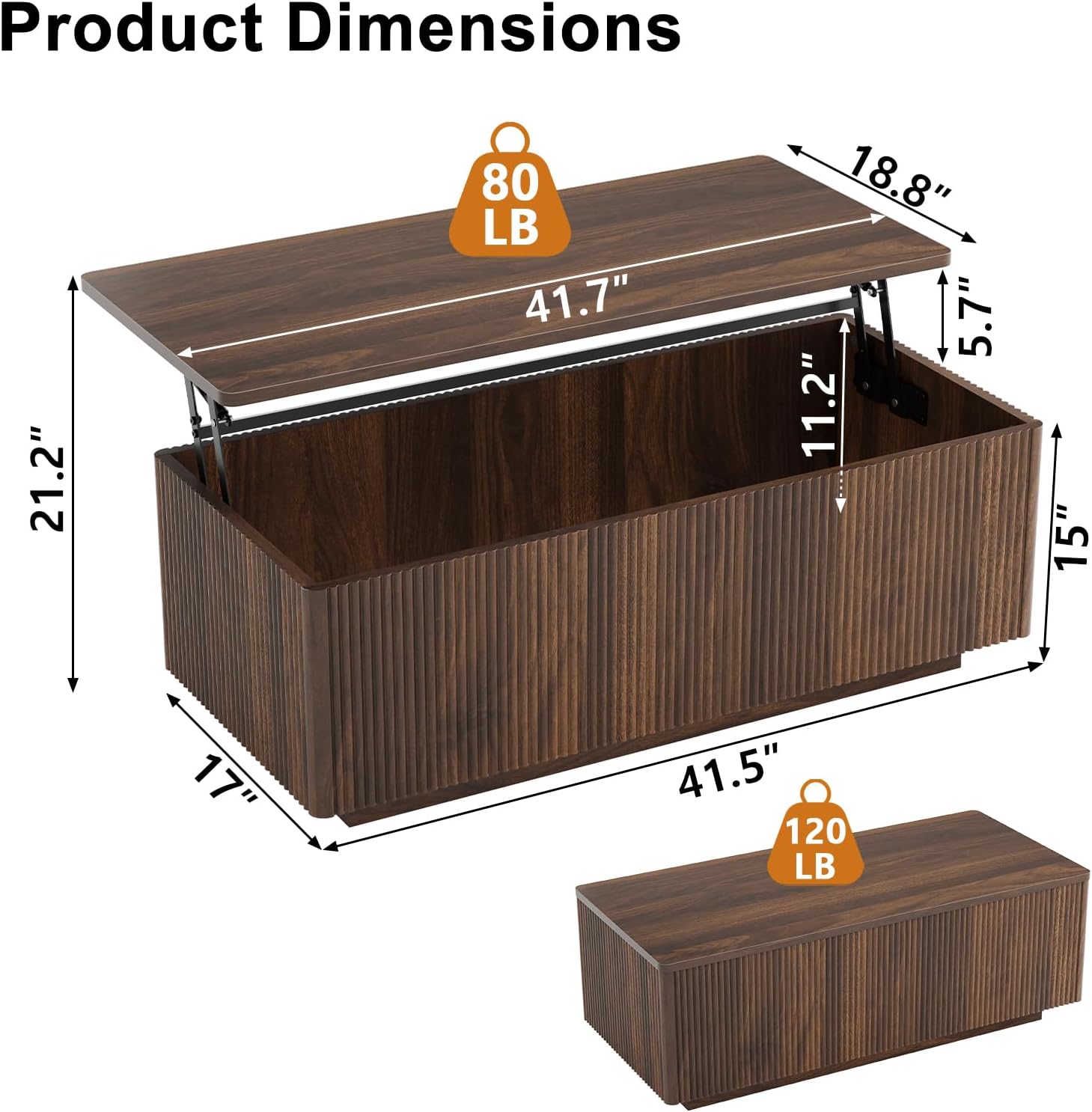 FABATO Mid Century Modern Coffee Table, Wooden Fluted Center Table with Large Hidden Compartment, 41.7” Rectangle with Round Corners, Lift Up Farmhouse Wood Table for Living Room, Home Office, Walnut
