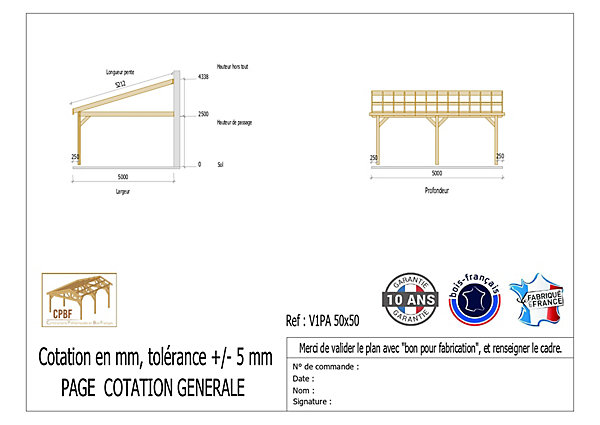 Carport adossé une pente 500cmx500cm, bois DOUGLAS Français (Charpente en bois-auvent-abri voiture) 25 m². Garantie 10 ans