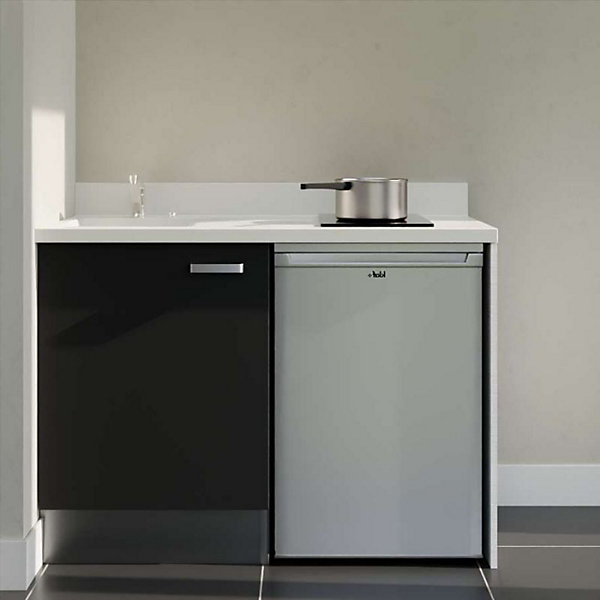 Kitchenette K08 - 120 cm - façades Noir - Plan monobloc en quartz coloris Snova évier à gauche