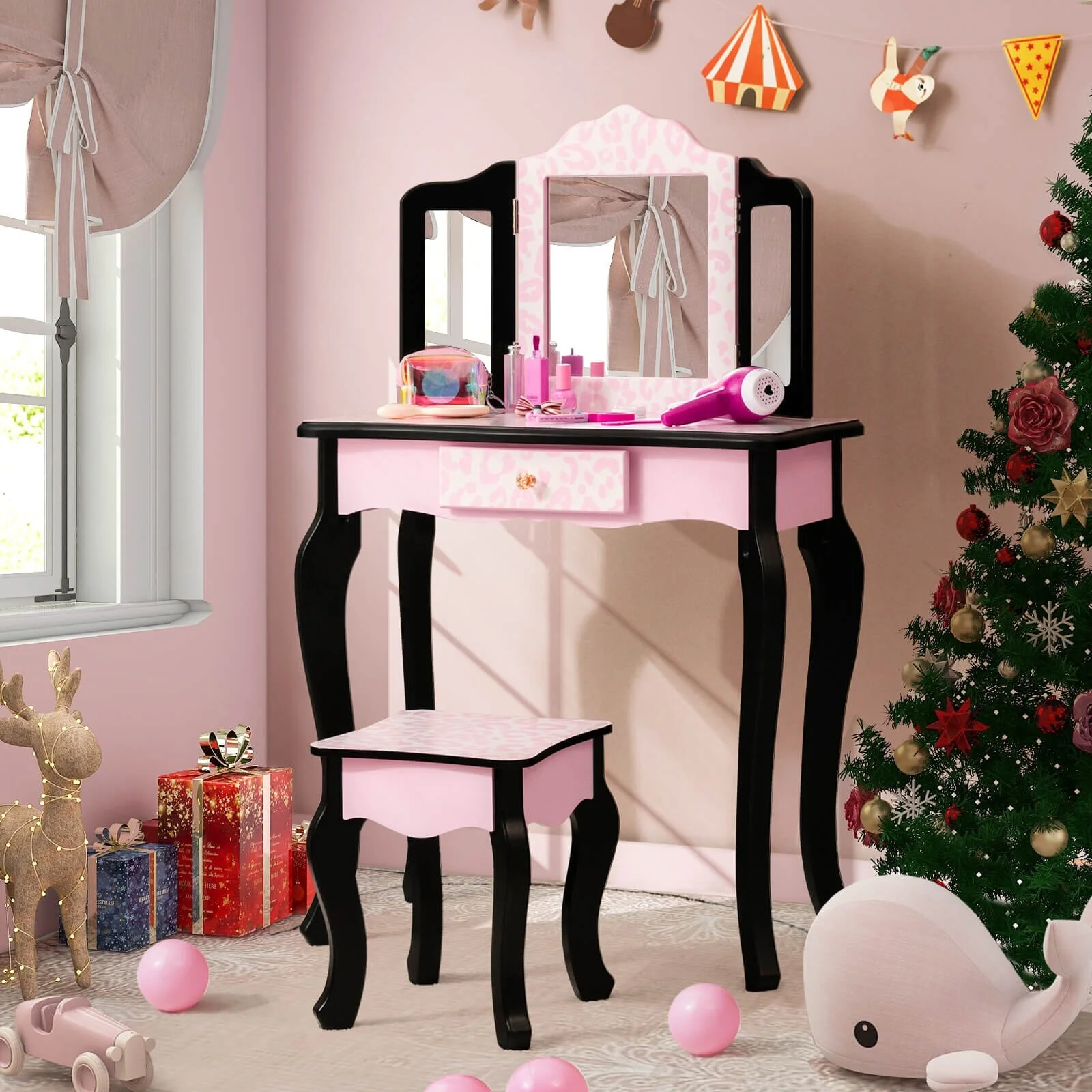 Pink MDF Vanity Set with Removable Tri-Folding Mirror and Leopard Print Perfect Gift for Kids - 24 x 11 x 38.5 (L × W × H)