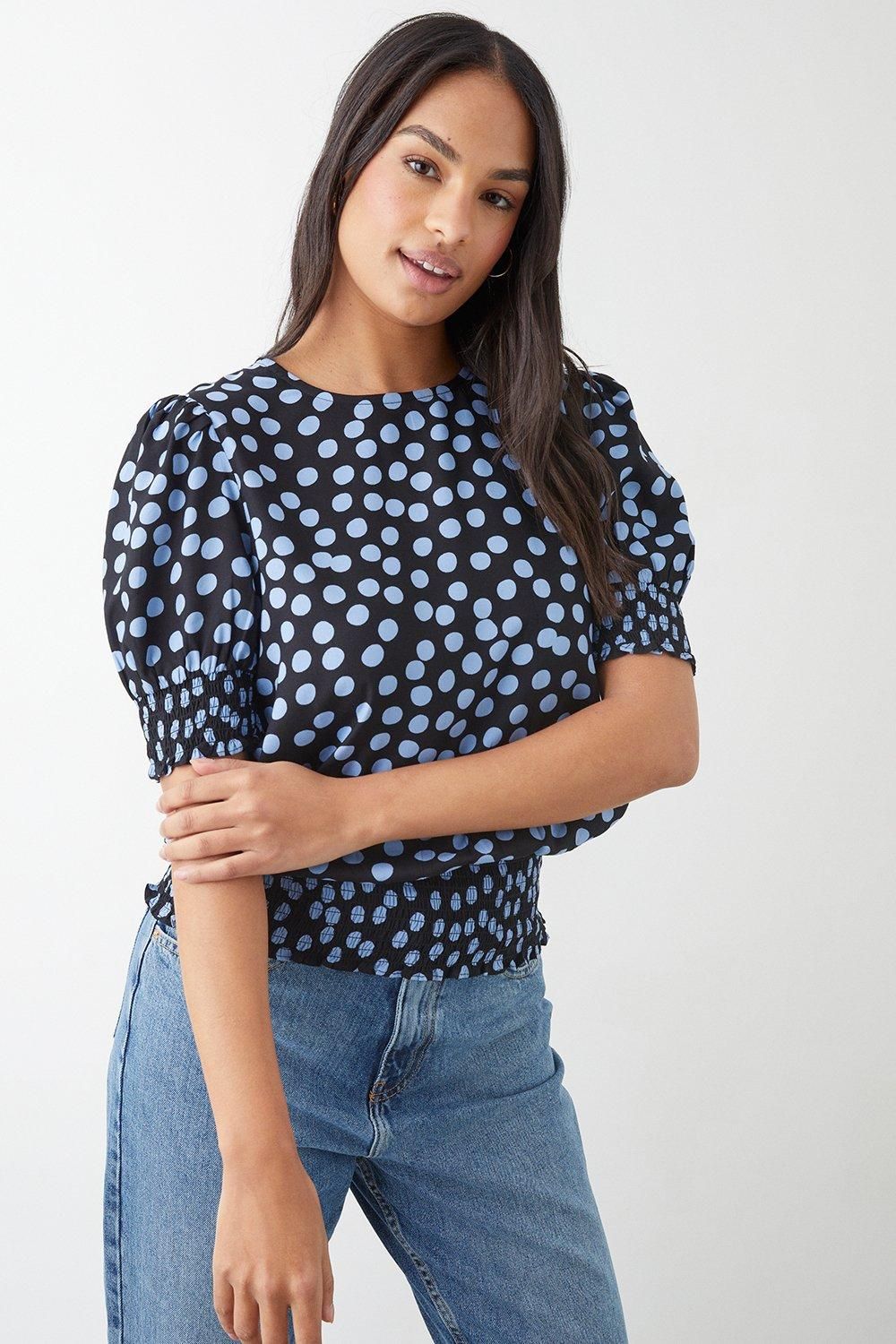 Dorothy Perkins Blue Spot Shirred Hem Blouse