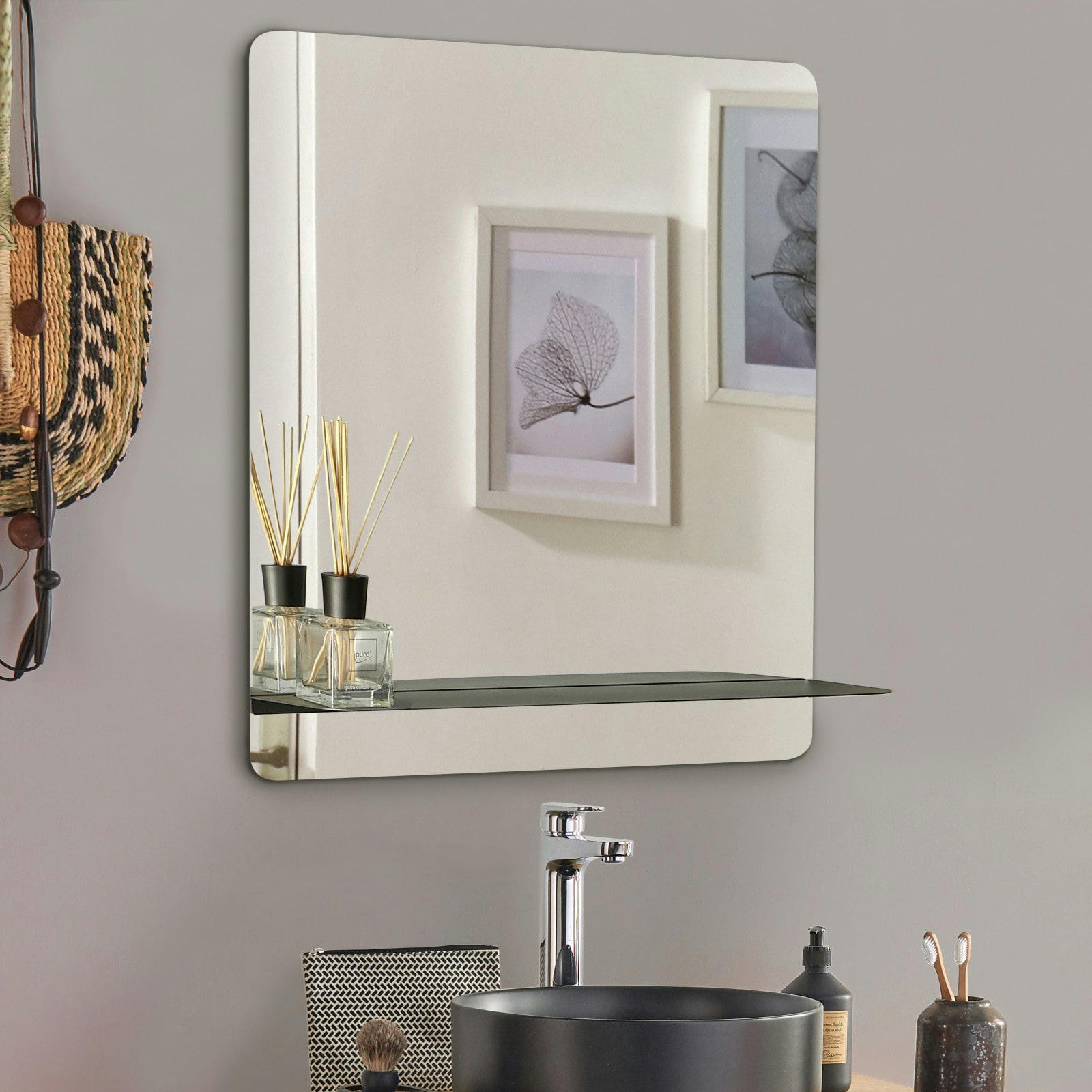 - Miroir rectangulaire 60 x 70 cm SORRENTO avec tablette noire