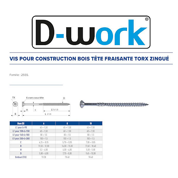 100 Vis pour Construction Bois Tête Fraisante Torx T30 6 x 150 mm - Zingué blanc - D-Work
