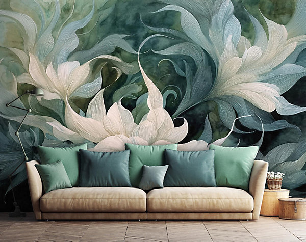 Papier Peint Panoramique Intissé Fleurs Abstrait Vert - 250x175 cm - Papier Peint Chambre et salon