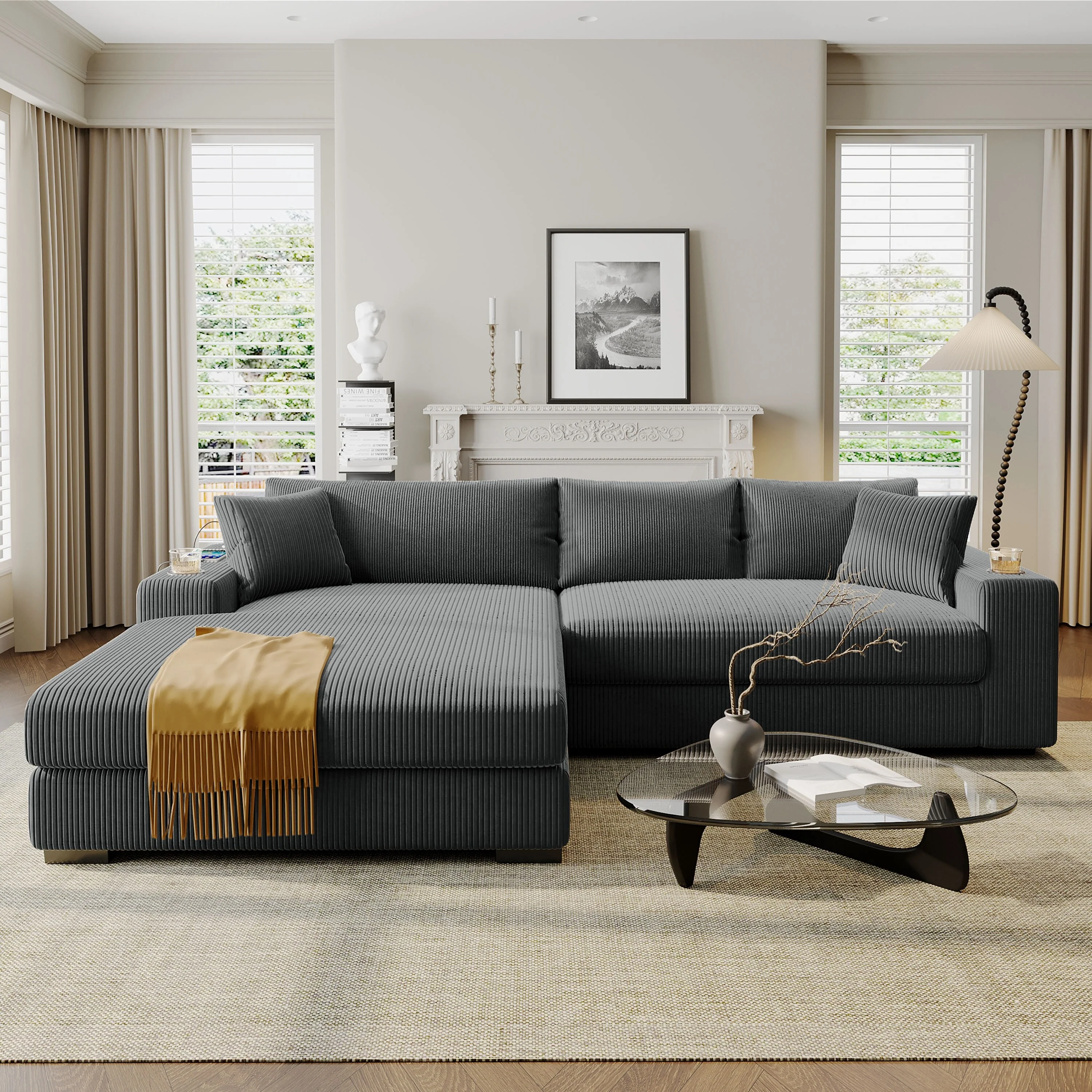111.5 Corduroy Sectional Sofa Oversized 3 Seat L Shaped Sofa with 2 Built-in Cup Holders and Charging Ports
