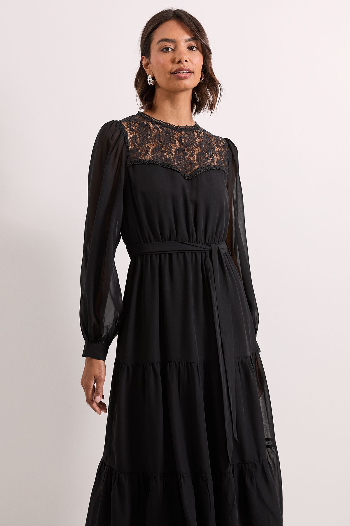 Dorothy Perkins Lace Yoke Blouson Sleeve Tiered Midaxi Dress