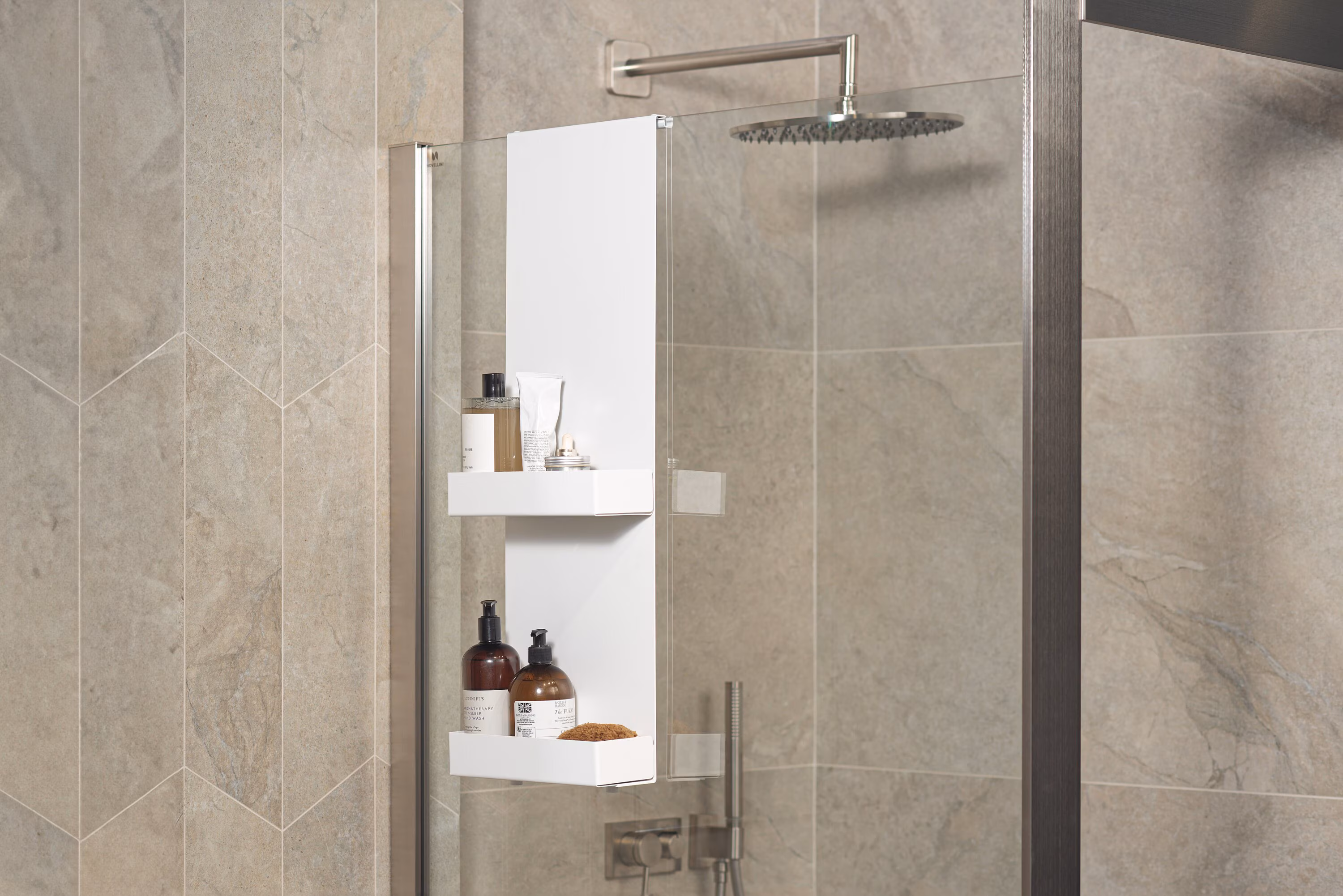White Shower Caddy, No-Drill Hanging Shelf, Minimalistic Bathroom Storage Shelves DOPI
