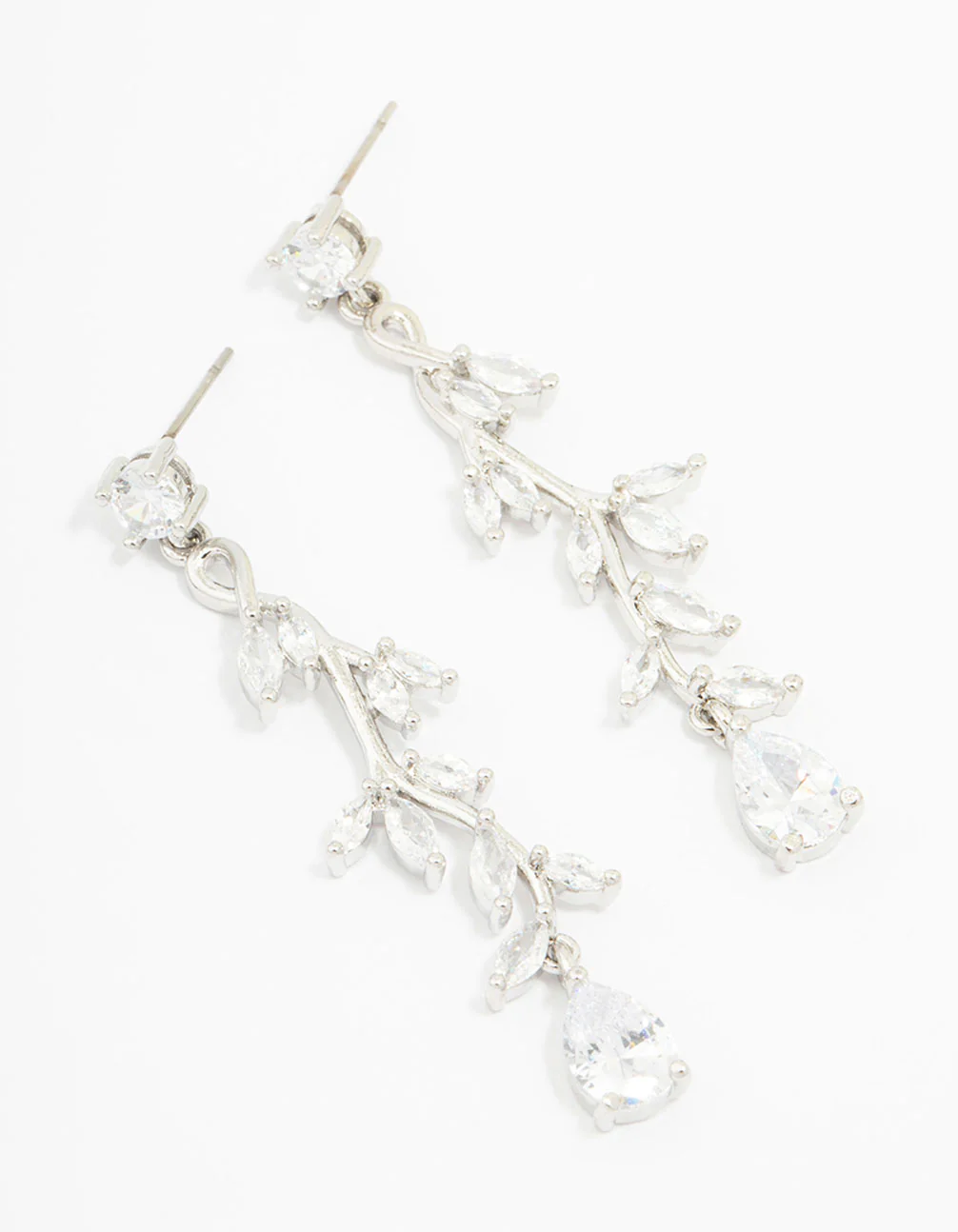 Silver Cubic Zirconia Vine Leaf Drop Earrings