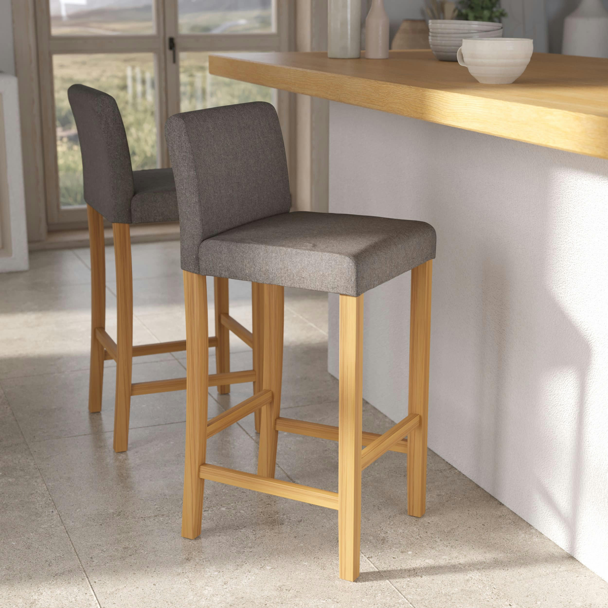 HAVANE - Chaise de bar en tissu gris foncé et pieds en bois 75 cm (lot de 2)
