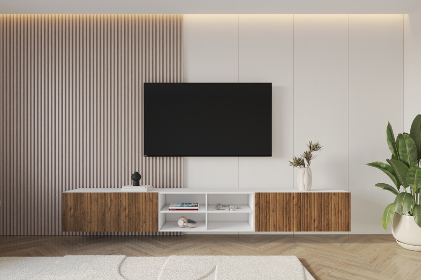 Szafka RTV z frezowanymi frontami wisząca KITO-W - 3x100x40x40 cm - Brązowy