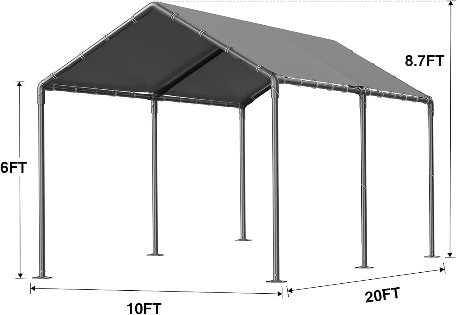 Outdoor Carport 10x20 Ft Heavy Duty Carport Portable Garage Waterproof and UV Resistant with Reinforced Structure for Trucks and Cars