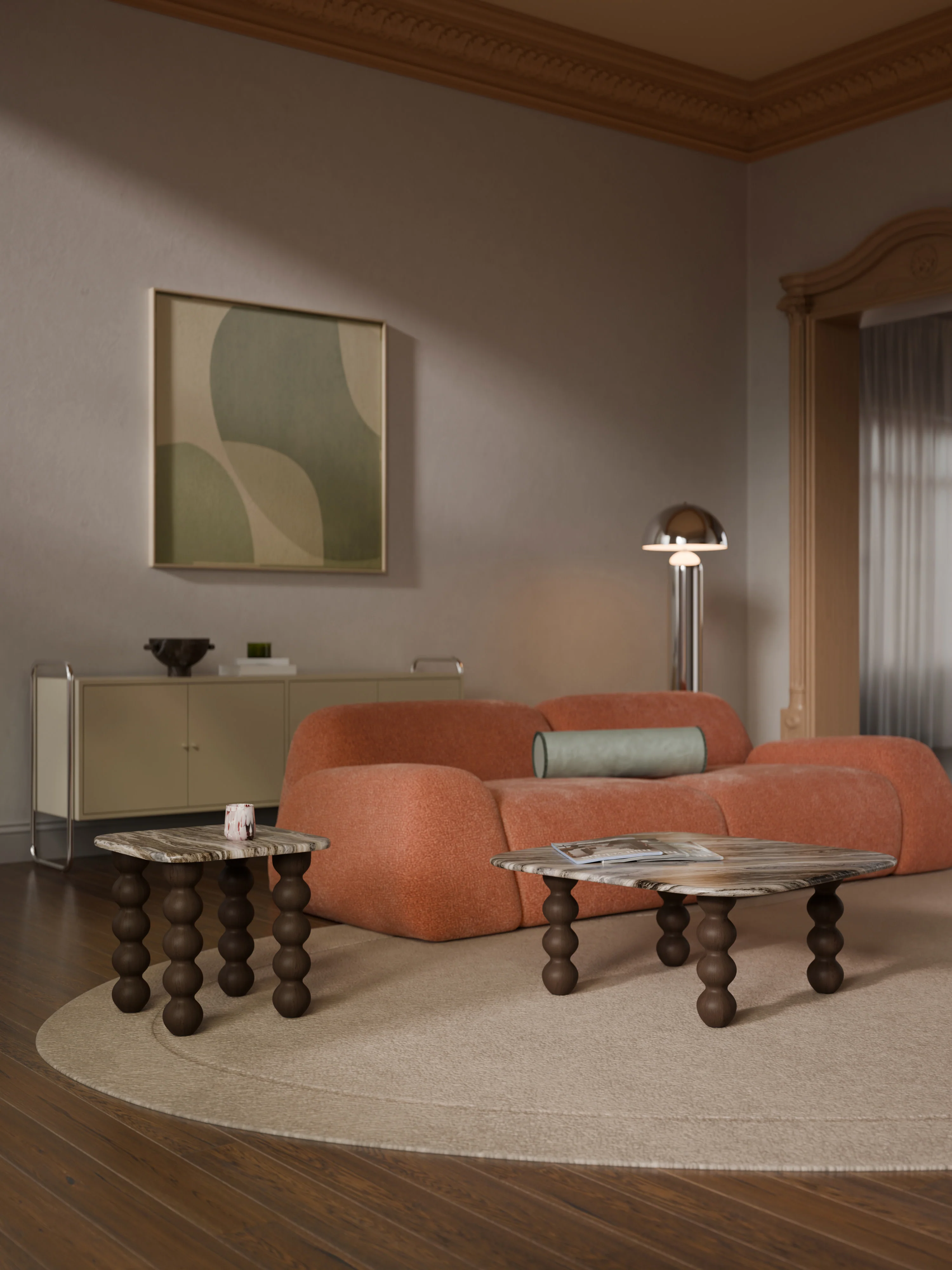 Marmor-Couchtisch Lyndi mit Eichenholzbeinen