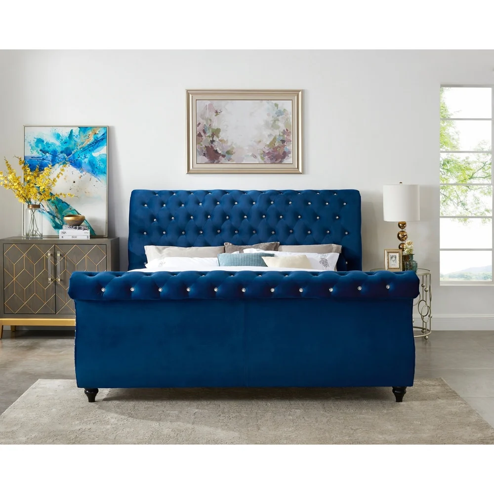 Roundhill Furniture Evora Blue Velvet Upholstered Crystal Button Tufted Sleigh Bed