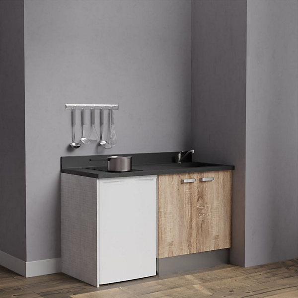 Kitchenette K17 - 140 cm - façades Bois - Plan monobloc en quartz coloris Nero évier à droite