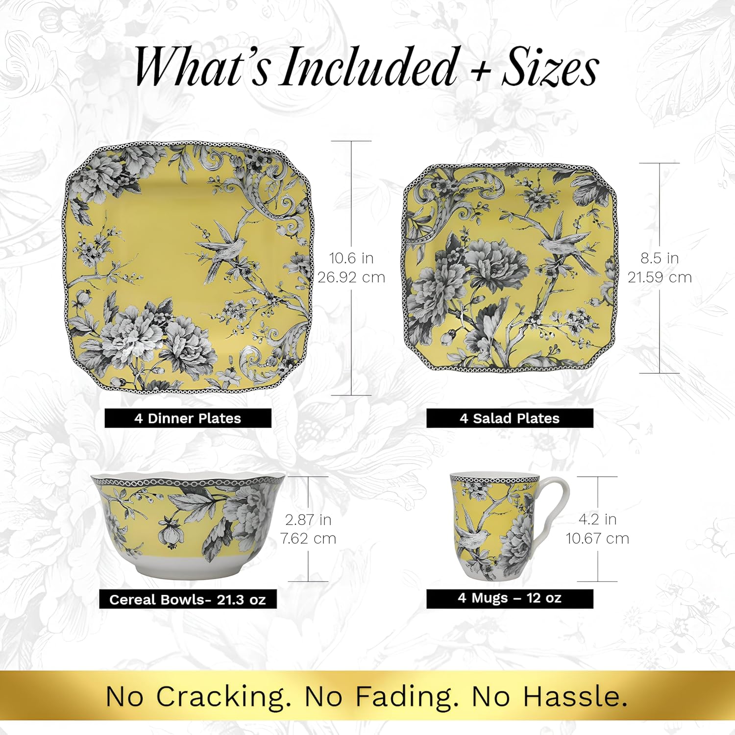 222 Fifth Adelaide Yellow 16-Piece Floral Porcelain Dinnerware Set | Microwave and Dishwasher Safe Dining Set for 4 | Stackable & Chip-Resistant Plates Bowls and Cups | Gift for Housewarming & Wedding