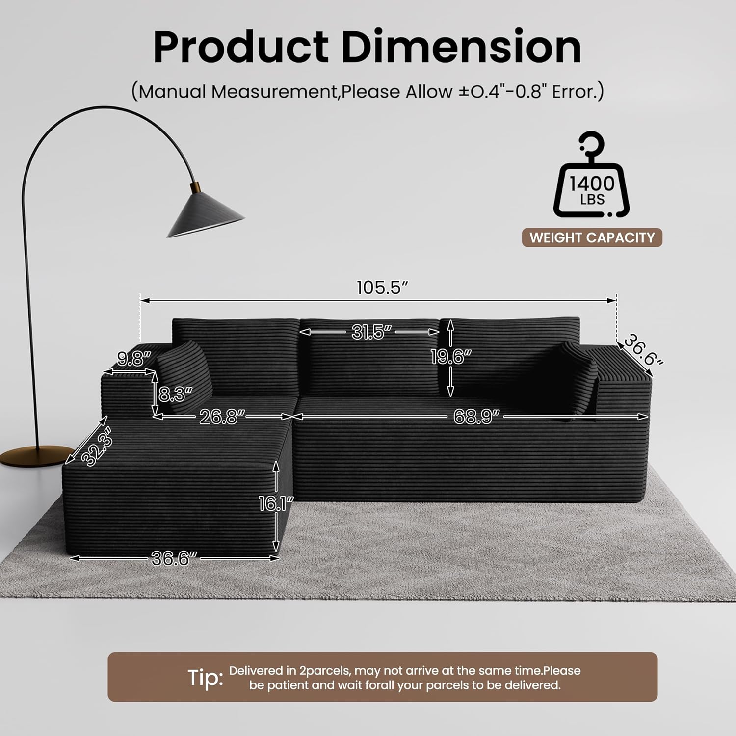 106 Cloud Sectional Boneless Couches for Living Room, Modular L Shaped Couch with Deep Seat Oversized Left Facing Chaise, Memory Foam Compressed Spineless 3 Seater Sofa for Bedroom Apartment, Black