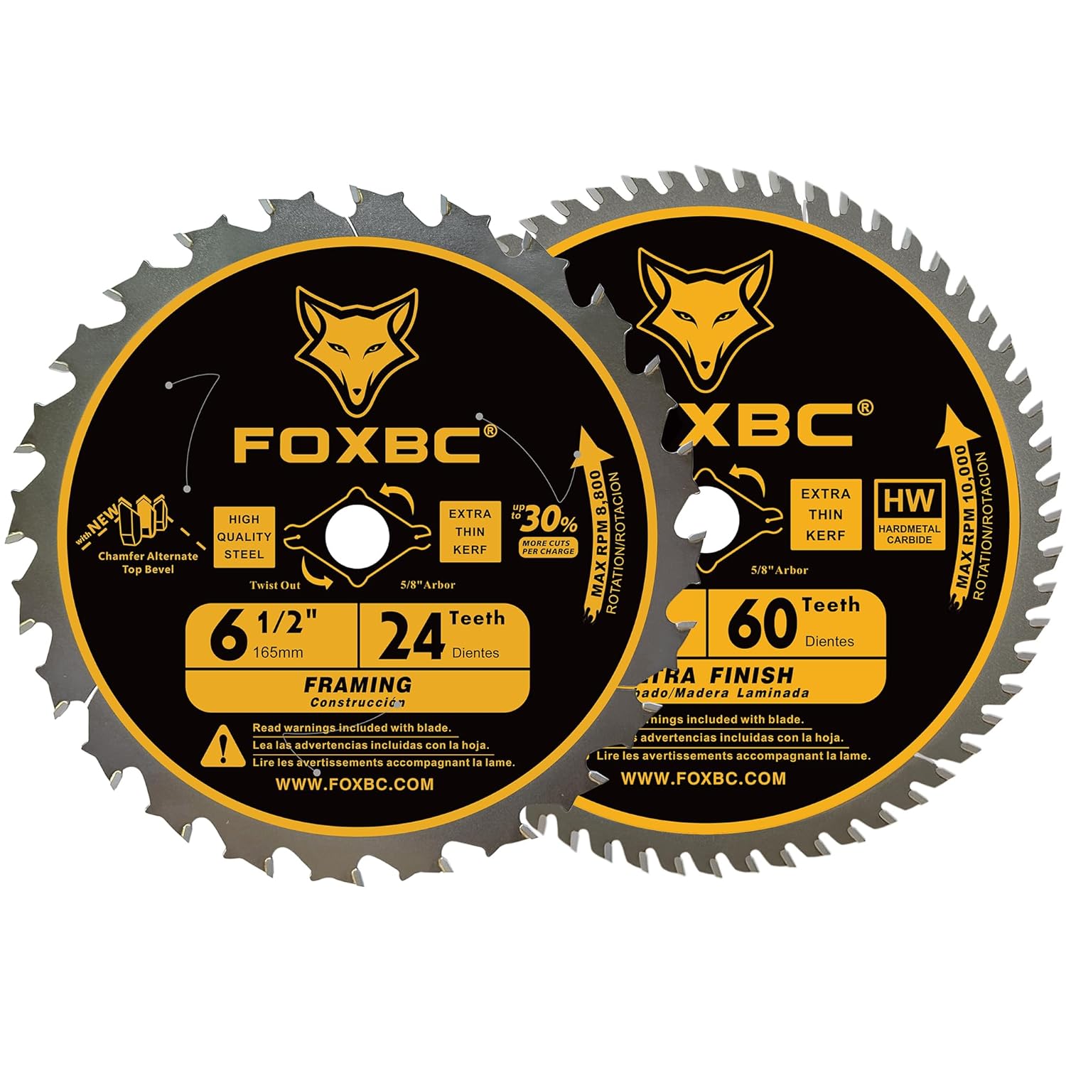 FOXBC 6-1/2 inch Circular Saw Blade 24T 60T Combo Pack, Wood Cutting, Thin-Kerf with 5/8 Arbor